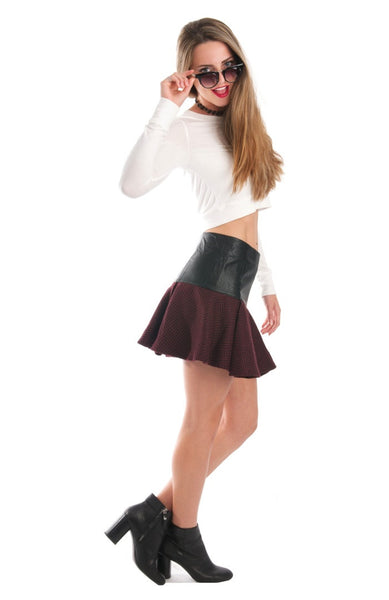 Chiara Chevron Tweed and Leather Skater Skirt