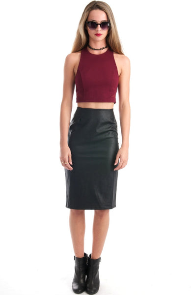 Night Vulture Black Pencil Leather Skirt