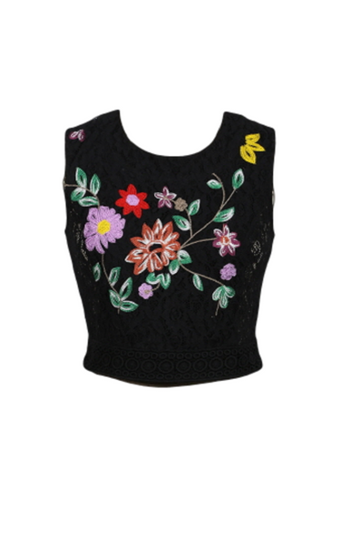 Black Floral Embroidered Lace Crop Top