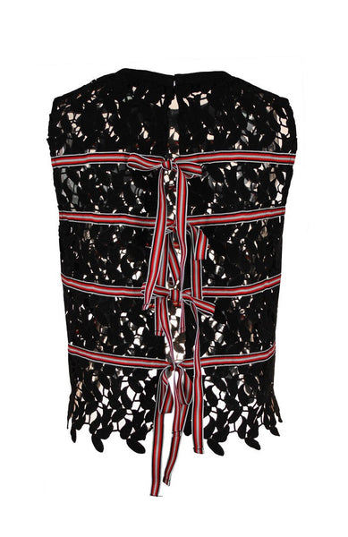 Game On Black Lace Top With Red Back Ribbons
